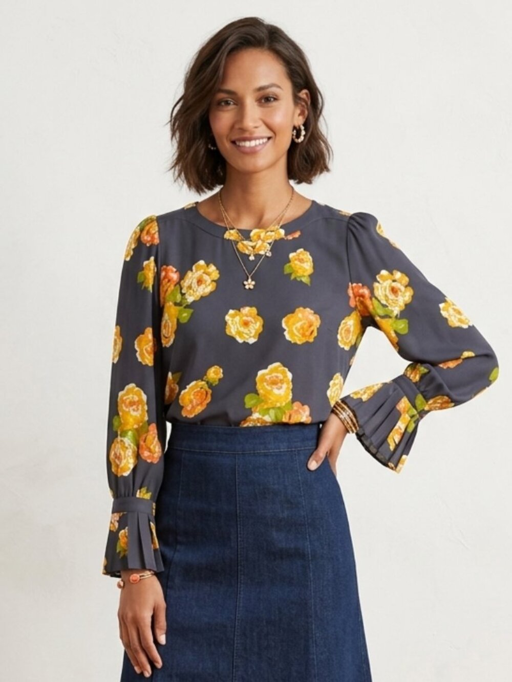 LOFT Gray & Yellow Peony Floral Blouse Pleated Cuff Long Sleeve Size S